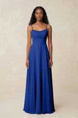 A - Line Ruched Chiffon Spaghetti Strap Bridesmaid Dress in Royal Blue - KissProm Bridesmaid Dresses