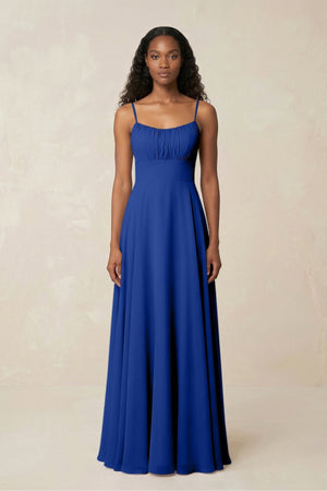 A - Line Ruched Chiffon Spaghetti Strap Bridesmaid Dress in Royal Blue - KissProm Bridesmaid Dresses