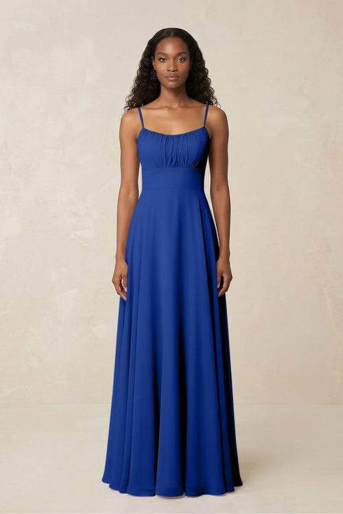 A - Line Ruched Chiffon Spaghetti Strap Bridesmaid Dress in Royal Blue - KissProm Bridesmaid Dresses