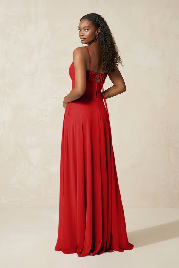 A - Line Ruched Chiffon Spaghetti Strap Bridesmaid Dress in Ruby Red - KissProm Bridesmaid Dresses