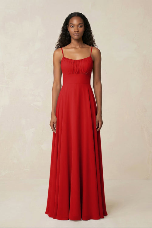 A - Line Ruched Chiffon Spaghetti Strap Bridesmaid Dress in Ruby Red - KissProm Bridesmaid Dresses