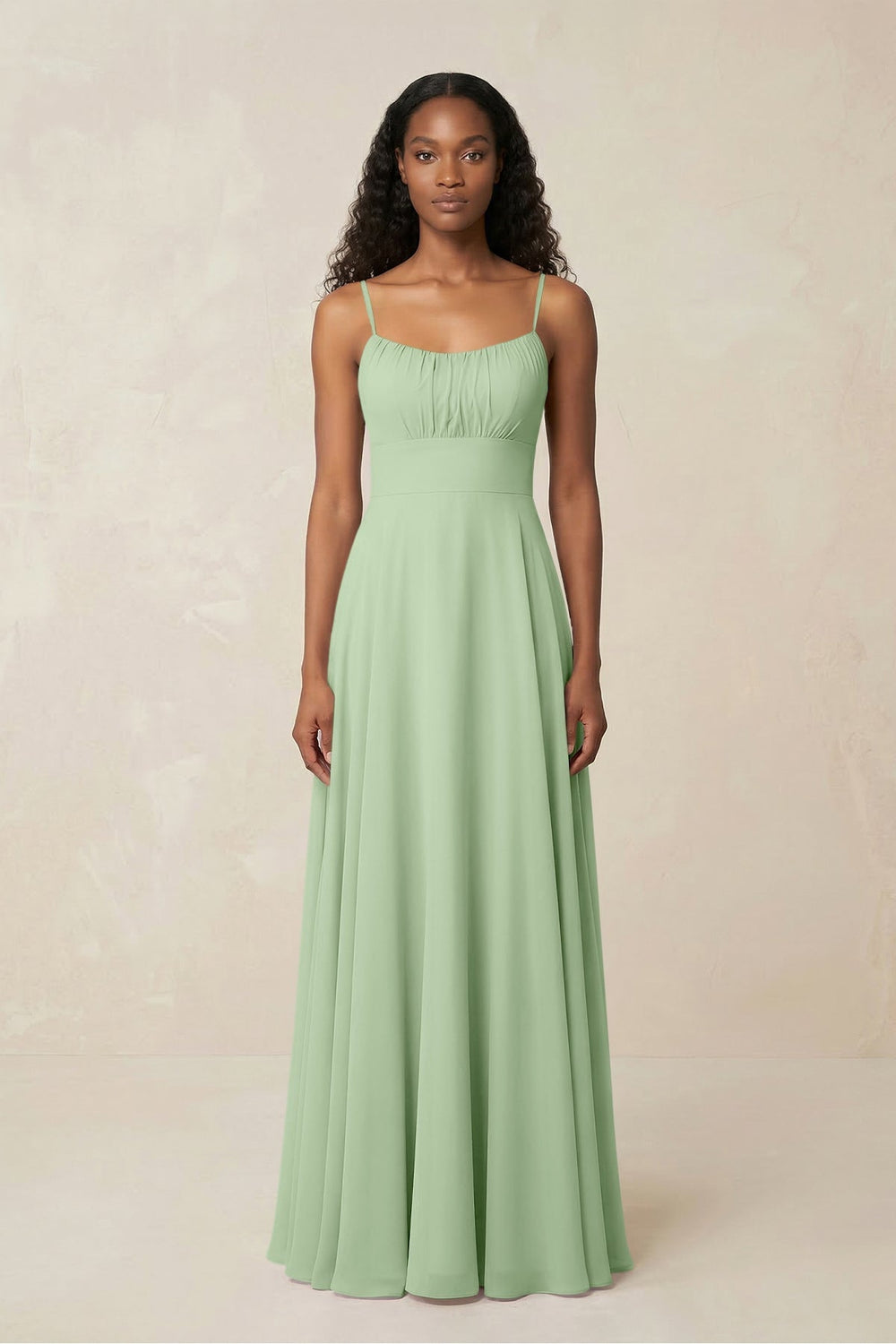 A - Line Ruched Chiffon Spaghetti Strap Bridesmaid Dress in Sage - KissProm Bridesmaid Dresses