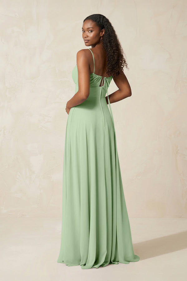 A - Line Ruched Chiffon Spaghetti Strap Bridesmaid Dress in Sage - KissProm Bridesmaid Dresses