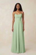 A - Line Ruched Chiffon Spaghetti Strap Bridesmaid Dress in Sage - KissProm Bridesmaid Dresses
