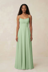 A - Line Ruched Chiffon Spaghetti Strap Bridesmaid Dress in Sage - KissProm Bridesmaid Dresses