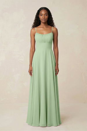 A - Line Ruched Chiffon Spaghetti Strap Bridesmaid Dress in Sage - KissProm Bridesmaid Dresses