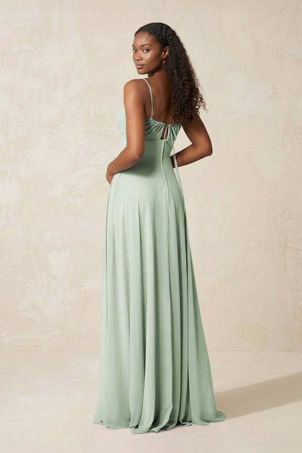 A - Line Ruched Chiffon Spaghetti Strap Bridesmaid Dress in Sage - KissProm Bridesmaid Dresses