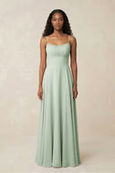 A - Line Ruched Chiffon Spaghetti Strap Bridesmaid Dress in Sage - KissProm Bridesmaid Dresses