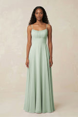 A - Line Ruched Chiffon Spaghetti Strap Bridesmaid Dress in Sage - KissProm Bridesmaid Dresses