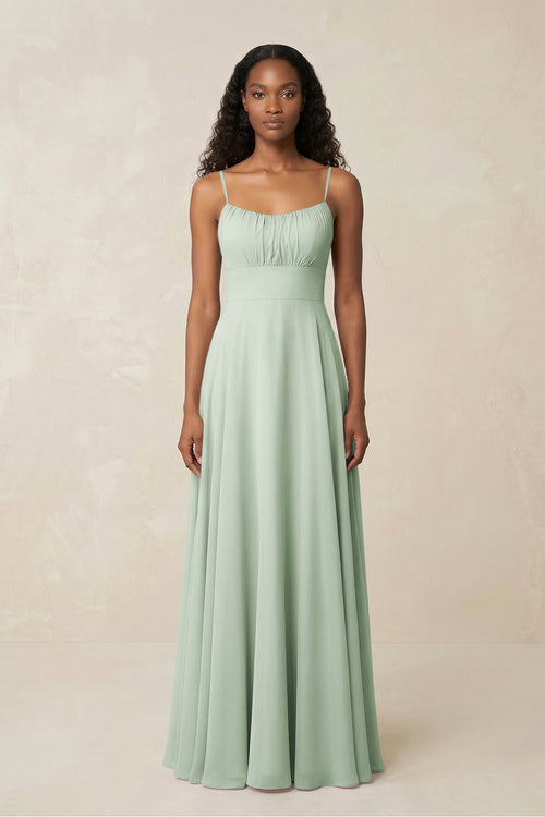 A - Line Ruched Chiffon Spaghetti Strap Bridesmaid Dress in Sage - KissProm Bridesmaid Dresses