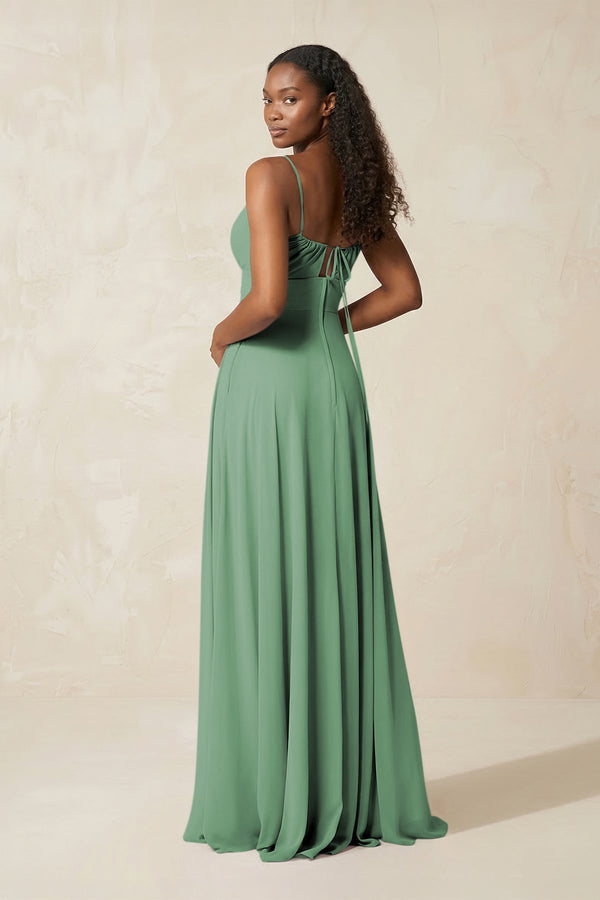 A - Line Ruched Chiffon Spaghetti Strap Bridesmaid Dress in Sea Glass - KissProm Bridesmaid Dresses
