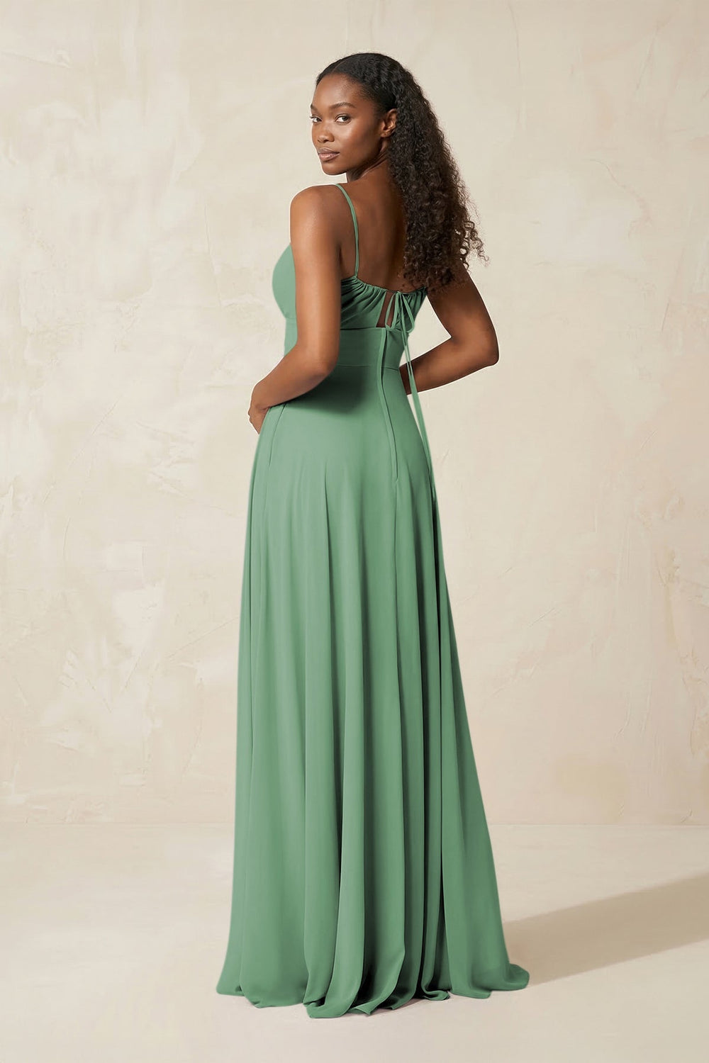 A - Line Ruched Chiffon Spaghetti Strap Bridesmaid Dress in Sea Glass - KissProm Bridesmaid Dresses