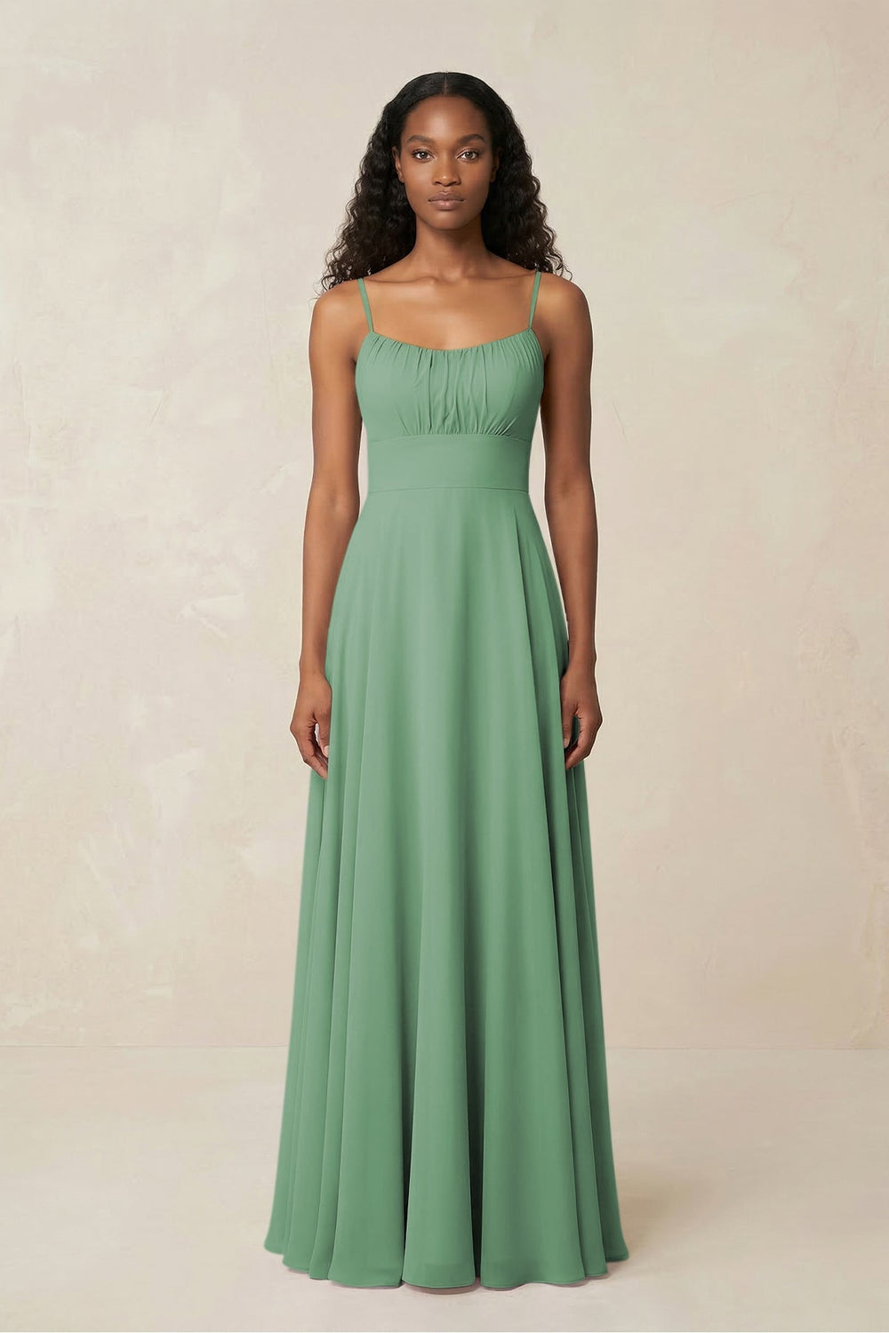 A - Line Ruched Chiffon Spaghetti Strap Bridesmaid Dress in Sea Glass - KissProm Bridesmaid Dresses