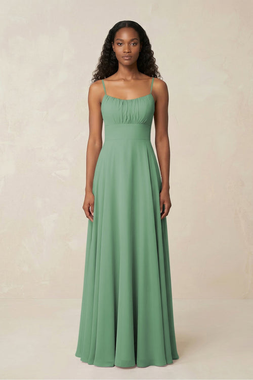 A - Line Ruched Chiffon Spaghetti Strap Bridesmaid Dress in Sea Glass - KissProm Bridesmaid Dresses