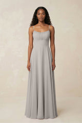 A - Line Ruched Chiffon Spaghetti Strap Bridesmaid Dress in Silver - KissProm Bridesmaid Dresses