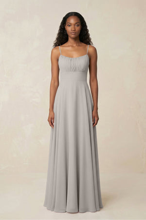 A - Line Ruched Chiffon Spaghetti Strap Bridesmaid Dress in Silver - KissProm Bridesmaid Dresses