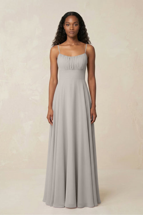 A - Line Ruched Chiffon Spaghetti Strap Bridesmaid Dress in Silver - KissProm Bridesmaid Dresses