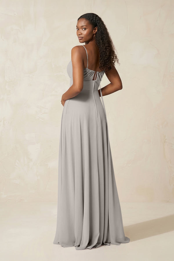 A - Line Ruched Chiffon Spaghetti Strap Bridesmaid Dress in Silver - KissProm Bridesmaid Dresses
