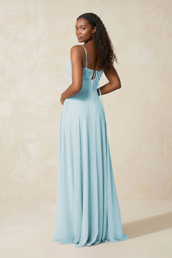 A - Line Ruched Chiffon Spaghetti Strap Bridesmaid Dress in Sky Blue - KissProm Bridesmaid Dresses