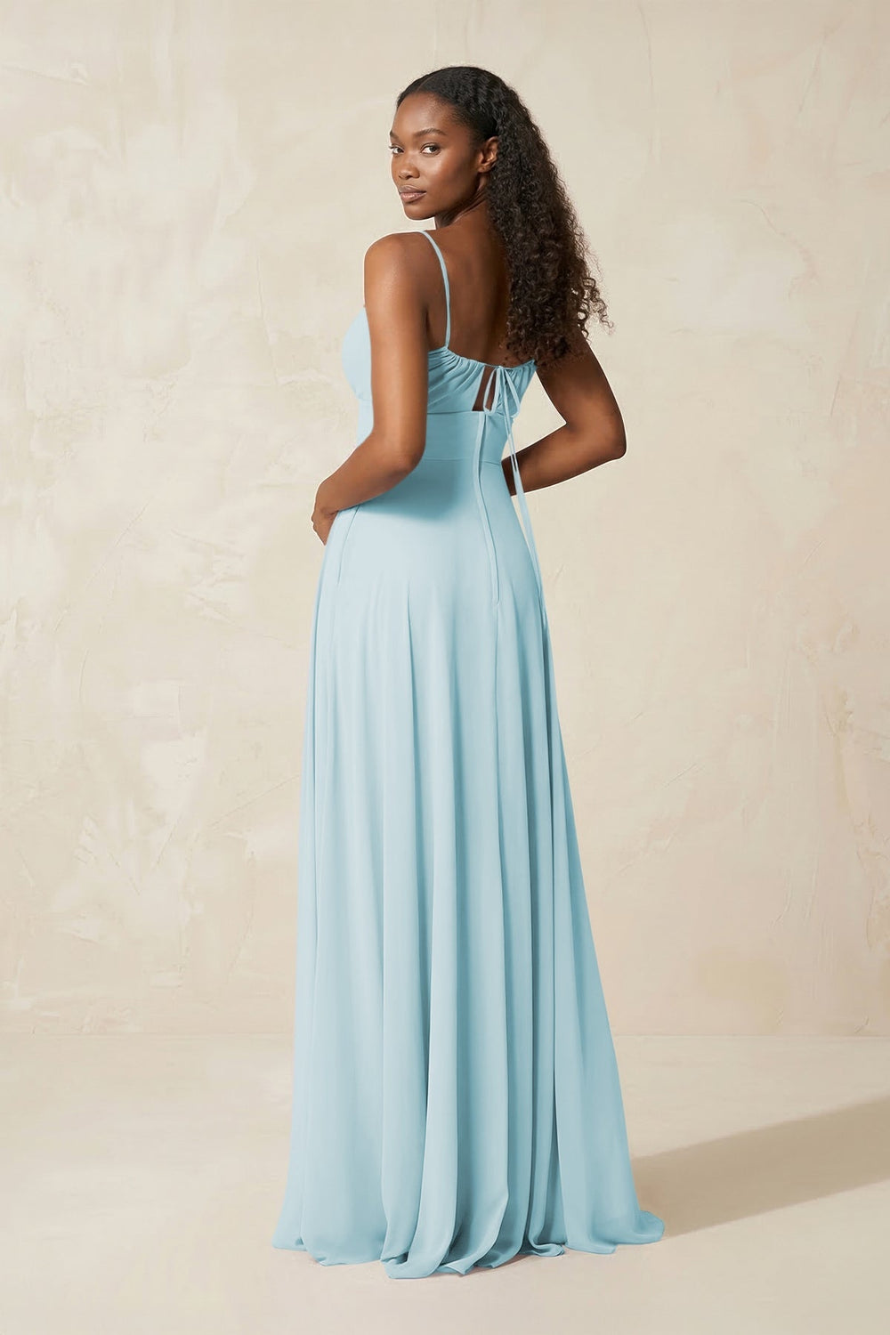 A - Line Ruched Chiffon Spaghetti Strap Bridesmaid Dress in Sky Blue - KissProm Bridesmaid Dresses