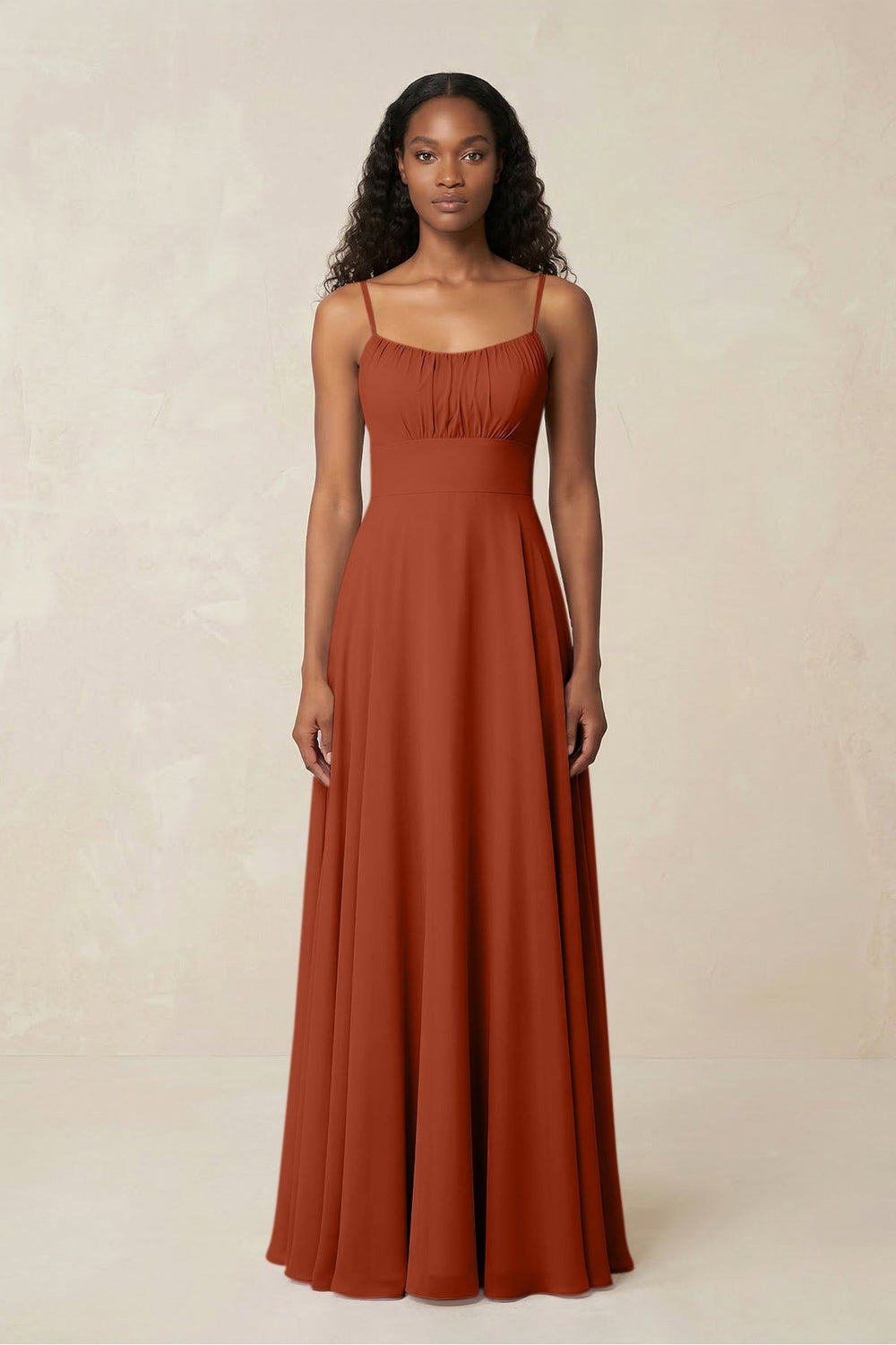 A - Line Ruched Chiffon Spaghetti Strap Bridesmaid Dress in Spice - KissProm Bridesmaid Dresses