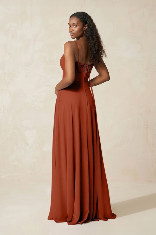 A - Line Ruched Chiffon Spaghetti Strap Bridesmaid Dress in Spice - KissProm Bridesmaid Dresses