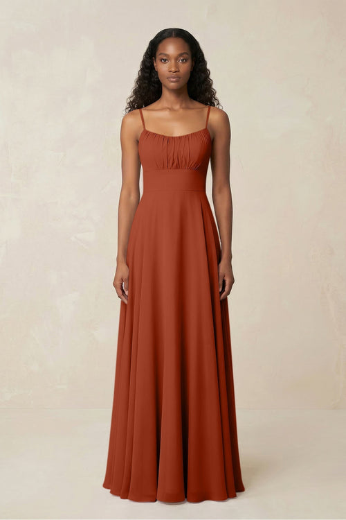 A - Line Ruched Chiffon Spaghetti Strap Bridesmaid Dress in Spice - KissProm Bridesmaid Dresses