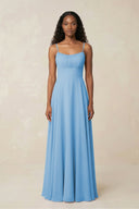 A - Line Ruched Chiffon Spaghetti Strap Bridesmaid Dress in Steel Blue - KissProm Bridesmaid Dresses