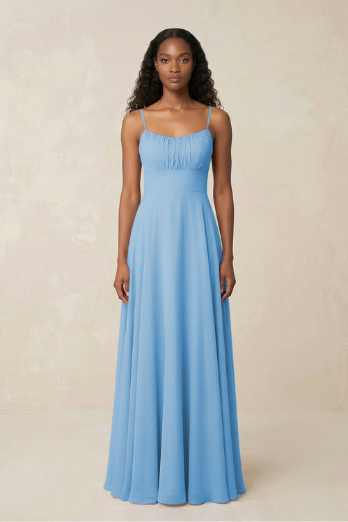 A - Line Ruched Chiffon Spaghetti Strap Bridesmaid Dress in Steel Blue - KissProm Bridesmaid Dresses