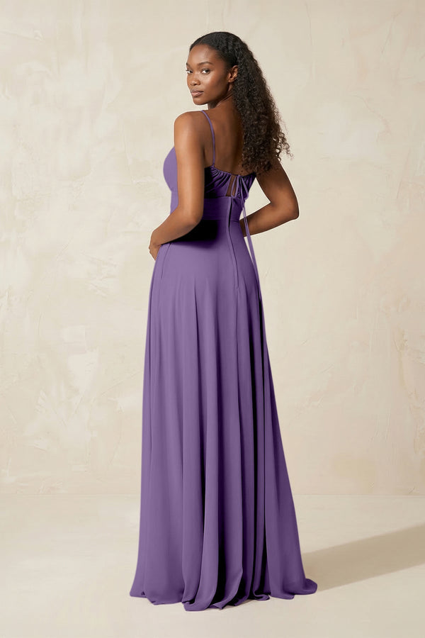 A - Line Ruched Chiffon Spaghetti Strap Bridesmaid Dress in Tahiti - KissProm Bridesmaid Dresses