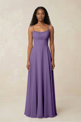 A - Line Ruched Chiffon Spaghetti Strap Bridesmaid Dress in Tahiti - KissProm Bridesmaid Dresses