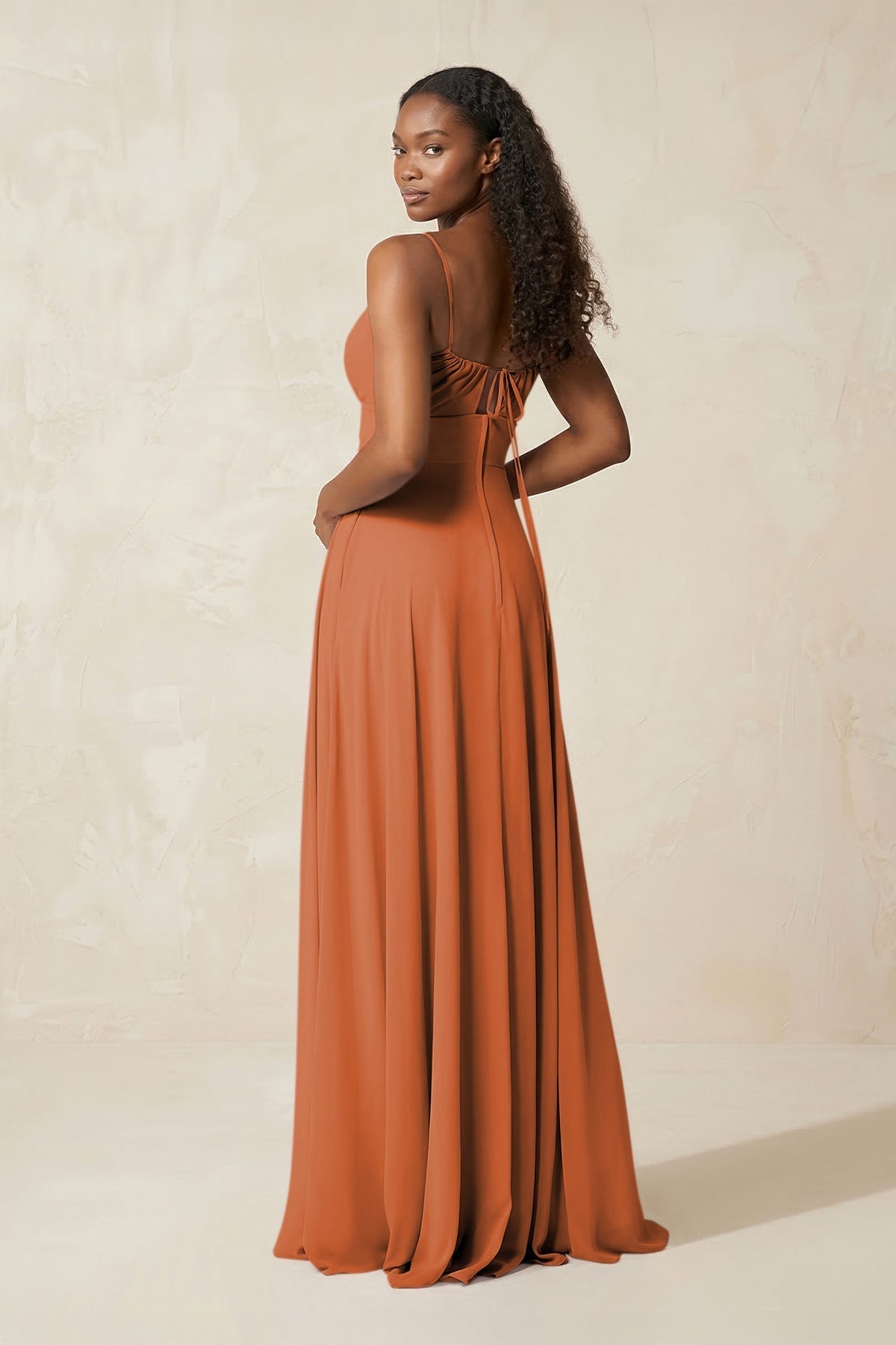 KissProm A-Line Ruched Chiffon Spaghetti Strap Bridesmaid Dress in Terracotta, Terracotta / 12