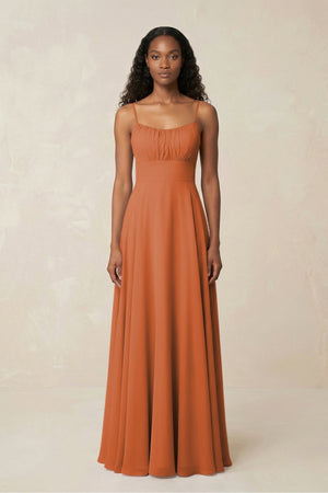 KissProm A-Line Ruched Chiffon Spaghetti Strap Bridesmaid Dress in Terracotta, Terracotta / 12