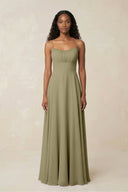A - Line Ruched Chiffon Spaghetti Strap Bridesmaid Dress in Thyme - KissProm Bridesmaid Dresses