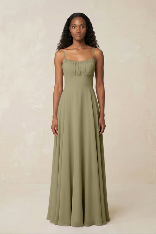 A - Line Ruched Chiffon Spaghetti Strap Bridesmaid Dress in Thyme - KissProm Bridesmaid Dresses
