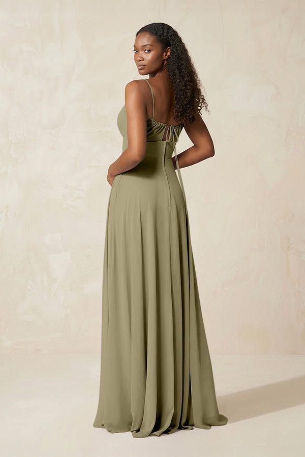 A - Line Ruched Chiffon Spaghetti Strap Bridesmaid Dress in Thyme - KissProm Bridesmaid Dresses