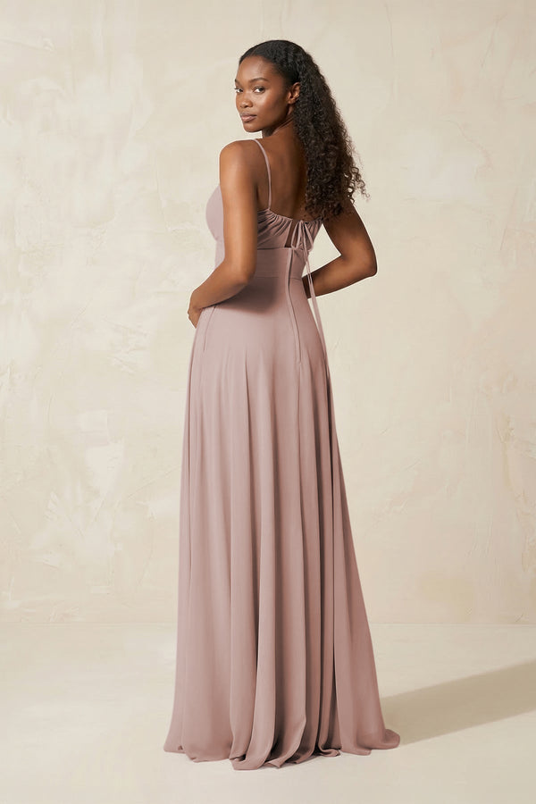 A - Line Ruched Chiffon Spaghetti Strap Bridesmaid Dress in Toffee - KissProm Bridesmaid Dresses