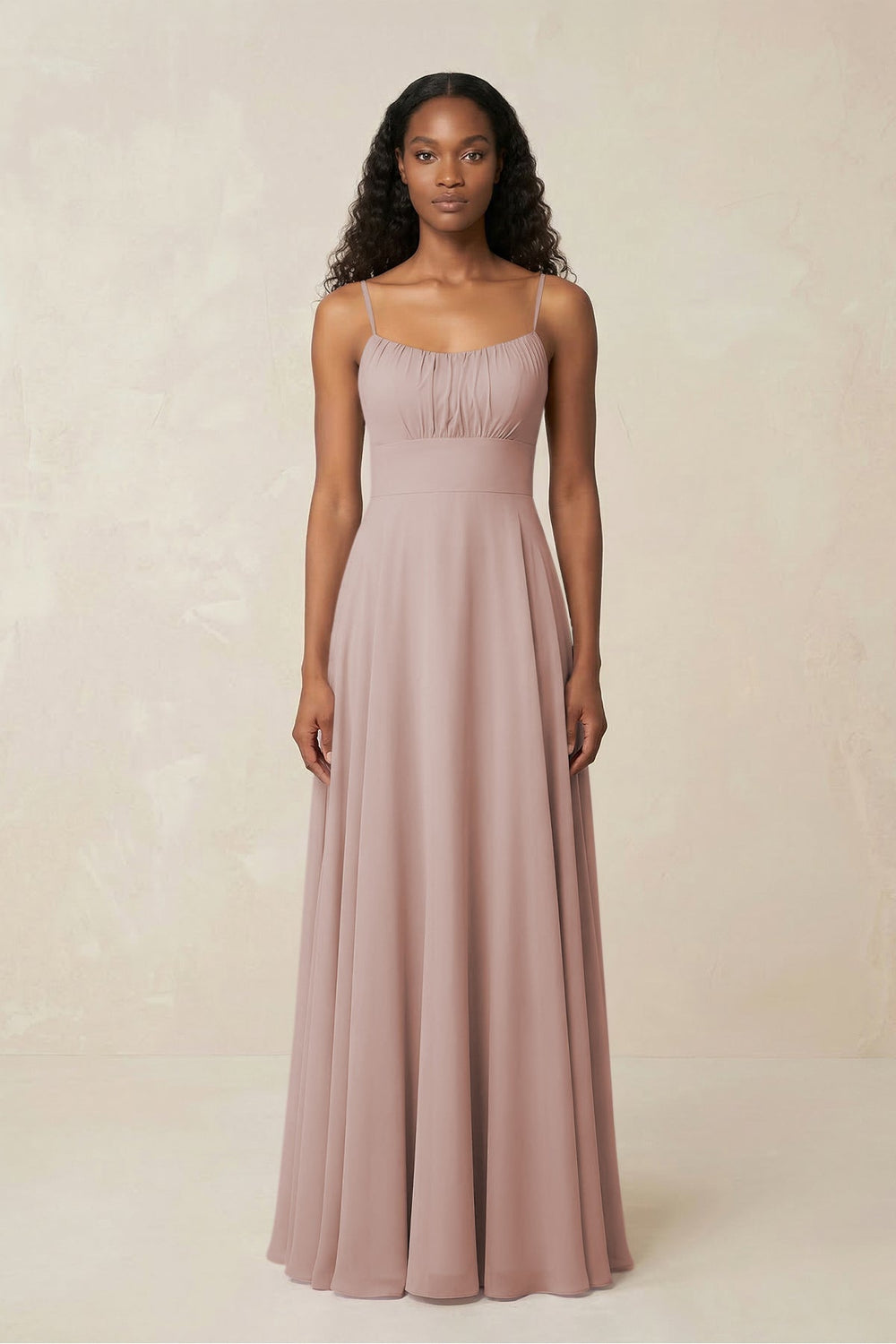 A - Line Ruched Chiffon Spaghetti Strap Bridesmaid Dress in Toffee - KissProm Bridesmaid Dresses