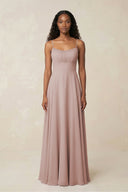 A - Line Ruched Chiffon Spaghetti Strap Bridesmaid Dress in Toffee - KissProm Bridesmaid Dresses