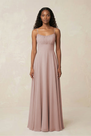 A - Line Ruched Chiffon Spaghetti Strap Bridesmaid Dress in Toffee - KissProm Bridesmaid Dresses
