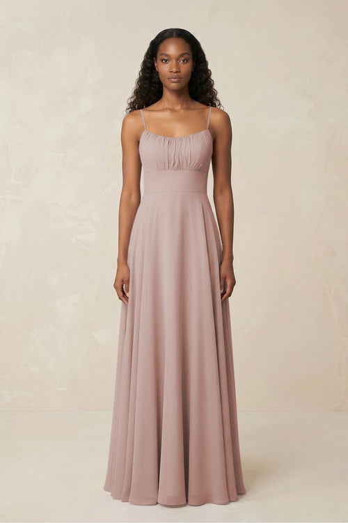 A - Line Ruched Chiffon Spaghetti Strap Bridesmaid Dress in Toffee - KissProm Bridesmaid Dresses