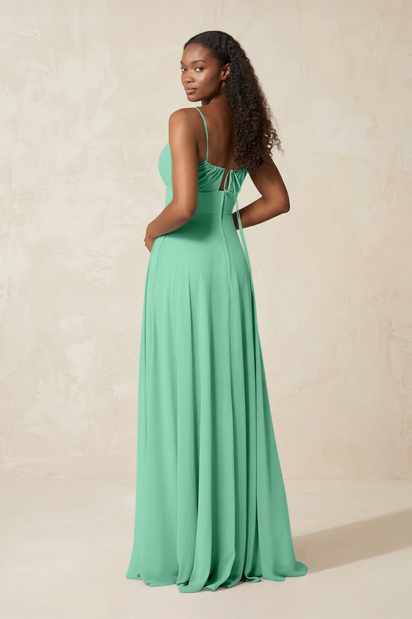 A - Line Ruched Chiffon Spaghetti Strap Bridesmaid Dress in Turquoise - KissProm Bridesmaid Dresses