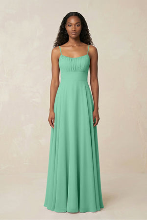 A - Line Ruched Chiffon Spaghetti Strap Bridesmaid Dress in Turquoise - KissProm Bridesmaid Dresses