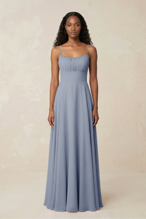 A - Line Ruched Chiffon Spaghetti Strap Bridesmaid Dress in Twilight - KissProm Bridesmaid Dresses