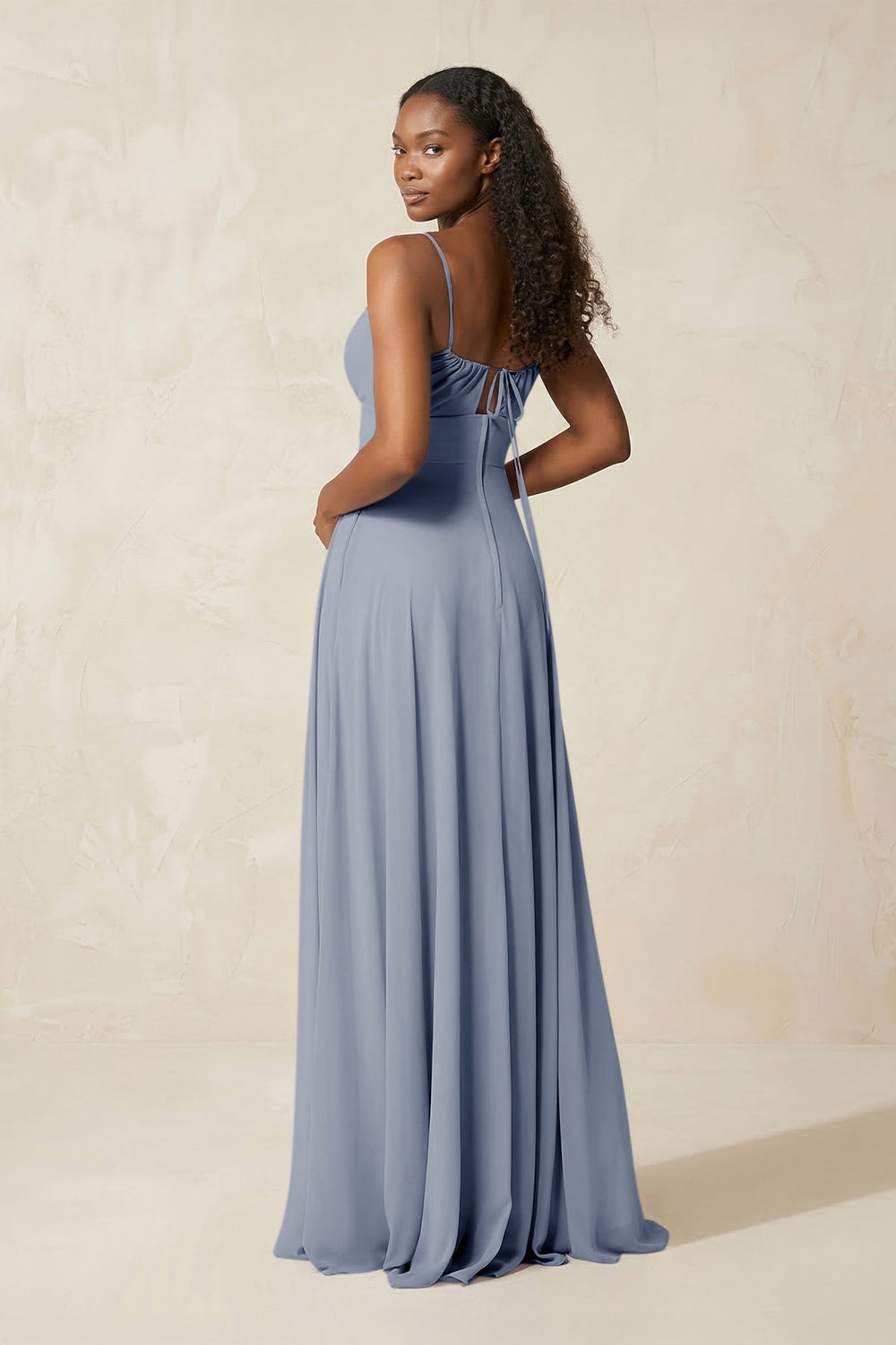 A - Line Ruched Chiffon Spaghetti Strap Bridesmaid Dress in Twilight - KissProm Bridesmaid Dresses