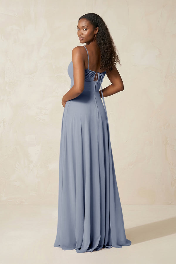 A - Line Ruched Chiffon Spaghetti Strap Bridesmaid Dress in Twilight - KissProm Bridesmaid Dresses