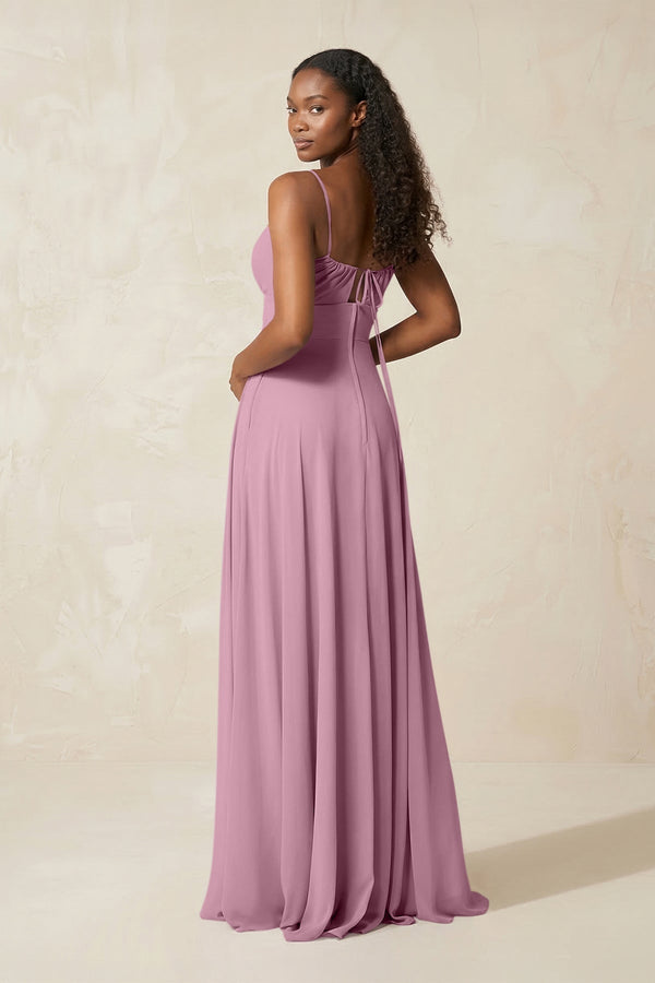 A - Line Ruched Chiffon Spaghetti Strap Bridesmaid Dress in Vintage Mauve - KissProm Bridesmaid Dresses