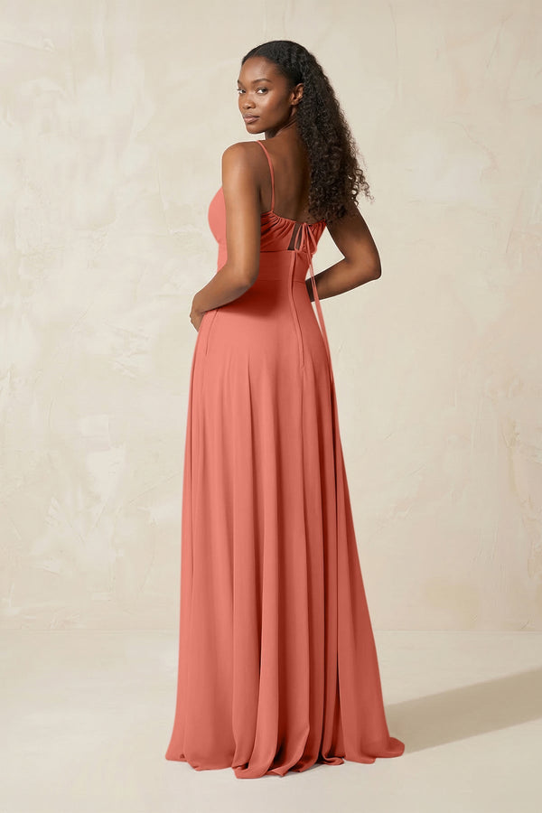 A - Line Ruched Chiffon Spaghetti Strap Bridesmaid Dress in Wild Rose - KissProm Bridesmaid Dresses