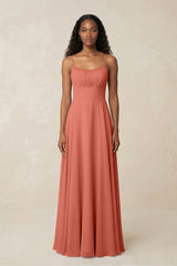A - Line Ruched Chiffon Spaghetti Strap Bridesmaid Dress in Wild Rose - KissProm Bridesmaid Dresses