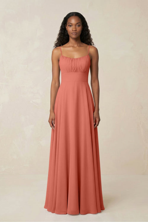 A - Line Ruched Chiffon Spaghetti Strap Bridesmaid Dress in Wild Rose - KissProm Bridesmaid Dresses